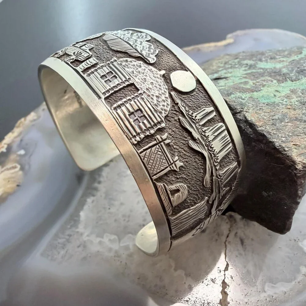 Alex Becenti Native American Sterling Village Life Storyteller Unisex Bracelet